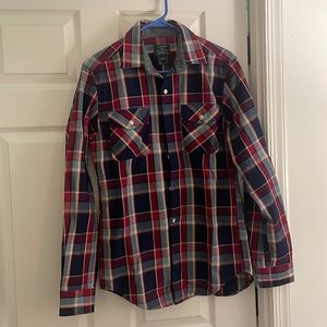 J crew heavyweight flannel, plied , blue red and cream. Small size